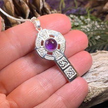 Load image into Gallery viewer, Celtic Cross Necklace, Irish Jewelry, Scottish Pendant, First Communion Gift, Religious Jewelry, Bridal Jewelry, Religious Jewelry, Amethyst