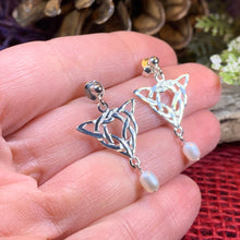 Load image into Gallery viewer, Celtic Knot Earrings, Celtic Jewelry, Irish Jewelry, Anniversary Gift, Scotland Jewelry, Wife Gift, Pearl Drop Earrings, Ireland Gift