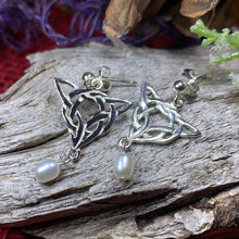 Load image into Gallery viewer, Celtic Knot Earrings, Celtic Jewelry, Irish Jewelry, Anniversary Gift, Scotland Jewelry, Wife Gift, Pearl Drop Earrings, Ireland Gift