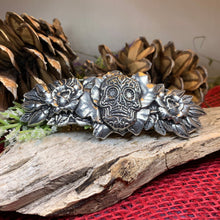Load image into Gallery viewer, Sugar Skull Hair Clip, Skull Barrette, Flower Jewelry, Gothic Jewelry, Friend Gift, Wiccan Jewelry, Pewter Jewelry, Nature Barrette