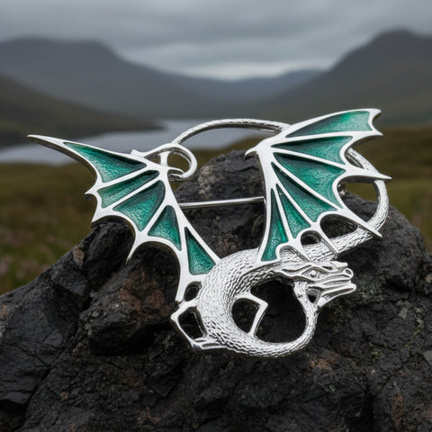 Load image into Gallery viewer, Dragon Brooch, Dragon Gift, Scotland Jewelry, Fantasy Jewelry, Scarf Pin, Enamel Celtic Pin, Celtic Jewelry, Girlfriend Gift, Wife Gift
