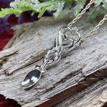 Load image into Gallery viewer, Love Spoon Necklace, Celtic Jewelry, Wales Jewelry, Welsh Necklace, Bridal Jewelry, Anniversary Gift, Heart Jewelry, Silver Spoon Wife Gift