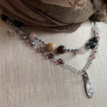 Load image into Gallery viewer, Rosemist Moonrise Long Necklace, Hand Knotted Necklace, Handmade Mala Necklace, Boho Necklace, Yoga Jewelry, Art Deco Necklace, Rose Quartz