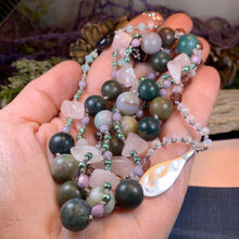 Load image into Gallery viewer, Rosemist Moonrise Long Necklace, Hand Knotted Necklace, Handmade Mala Necklace, Boho Necklace, Yoga Jewelry, Art Deco Necklace, Rose Quartz