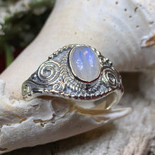Load image into Gallery viewer, Celtic Spiral Ring, Moonstone Jewelry, Irish Ring, Celestial Jewelry, Silver Celtic Jewelry, Anniversary Gift, Wiccan Jewelry, Boho Ring