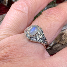 Load image into Gallery viewer, Celtic Spiral Ring, Moonstone Jewelry, Irish Ring, Celestial Jewelry, Silver Celtic Jewelry, Anniversary Gift, Wiccan Jewelry, Boho Ring