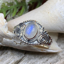 Load image into Gallery viewer, Celtic Spiral Ring, Moonstone Jewelry, Irish Ring, Celestial Jewelry, Silver Celtic Jewelry, Anniversary Gift, Wiccan Jewelry, Boho Ring