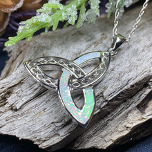 Load image into Gallery viewer, Celtic Knot Necklace, Trinity Knot Pendant, Fire Opal Jewelry, Irish Necklace, Scottish Jewelry, October Birthstone, Ireland Gift, Wife Gift