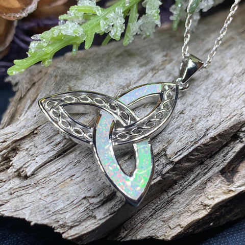 Load image into Gallery viewer, Celtic Knot Necklace, Trinity Knot Pendant, Fire Opal Jewelry, Irish Necklace, Scottish Jewelry, October Birthstone, Ireland Gift, Wife Gift