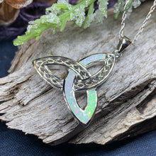 Load image into Gallery viewer, Celtic Knot Necklace, Trinity Knot Pendant, Fire Opal Jewelry, Irish Necklace, Scottish Jewelry, October Birthstone, Ireland Gift, Wife Gift