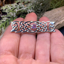 Load image into Gallery viewer, Amethyst Celtic Knot Brooch, Celtic Jewelry, Irish Pin, Mom Gift, Bridal Pin, Anniversary Gift, Scottish Jewelry, February Birthstone