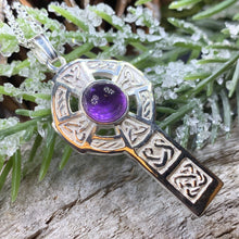 Load image into Gallery viewer, Celtic Cross Necklace, Irish Jewelry, Scottish Pendant, First Communion Gift, Religious Jewelry, Bridal Jewelry, Religious Jewelry, Amethyst