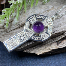 Load image into Gallery viewer, Celtic Cross Necklace, Irish Jewelry, Scottish Pendant, First Communion Gift, Religious Jewelry, Bridal Jewelry, Religious Jewelry, Amethyst