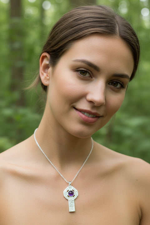 Load image into Gallery viewer, Celtic Cross Necklace, Irish Jewelry, Scottish Pendant, First Communion Gift, Religious Jewelry, Bridal Jewelry, Religious Jewelry, Amethyst