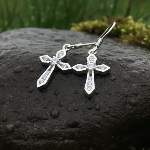 Load image into Gallery viewer, Celtic Cross Earrings, Celtic Jewelry, Diamond Cross Earrings, Irish Cross Jewelry, First Communion Gift, Ireland Gift, Sterling Silver