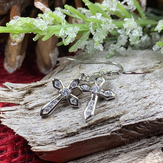 Celtic Cross Earrings, Celtic Jewelry, Diamond Cross Earrings, Irish Cross Jewelry, First Communion Gift, Ireland Gift, Sterling Silver