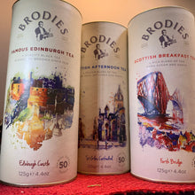 Load image into Gallery viewer, Scottish Tea, THREE Brodies Tins, Scotland Food Gift, Black Tea, Tea Lover Gift, Edinburgh Tea Gift, Edinburgh Castle, Mom Gift, Wife Gift