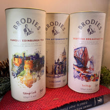 Load image into Gallery viewer, Scottish Tea, THREE Brodies Tins, Scotland Food Gift, Black Tea, Tea Lover Gift, Edinburgh Tea Gift, Edinburgh Castle, Mom Gift, Wife Gift