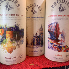 Load image into Gallery viewer, Scottish Tea, THREE Brodies Tins, Scotland Food Gift, Black Tea, Tea Lover Gift, Edinburgh Tea Gift, Edinburgh Castle, Mom Gift, Wife Gift