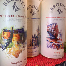 Load image into Gallery viewer, Scottish Tea, THREE Brodies Tins, Scotland Food Gift, Black Tea, Tea Lover Gift, Edinburgh Tea Gift, Edinburgh Castle, Mom Gift, Wife Gift
