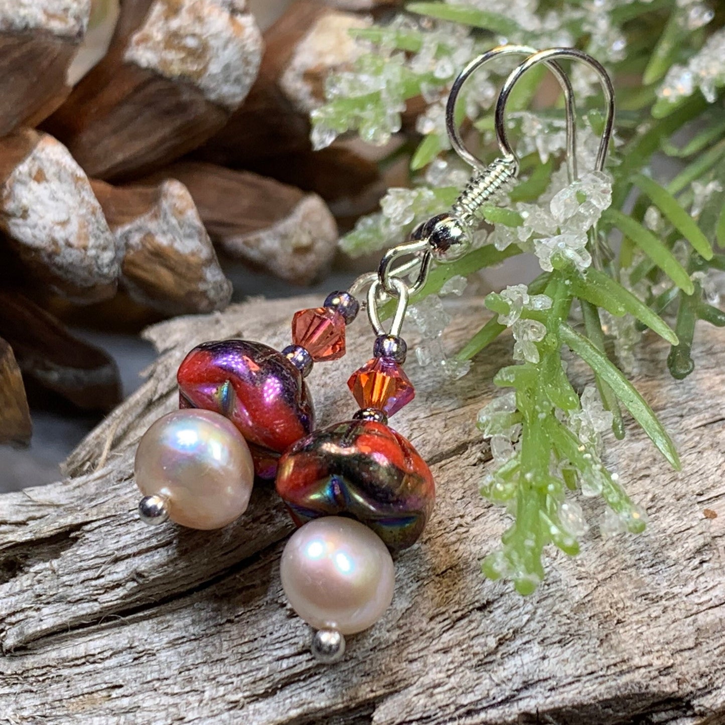 Sunlit Pearl Earrings, Crystal Jewelry, Pink Long Earrings, Beaded Drop Earrings, Mom Gift, Sister Gift, Friendship Gift, Nature Jewelry