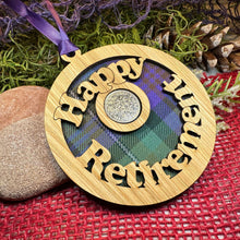Load image into Gallery viewer, Retirement Gift, Lucky Sixpence, Scotland Gift, Happy Retirement, Tartan Gift, Christmas Ornament, Good Luck Gift, Oak Wood Plaque, Scottish