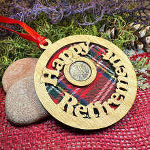Load image into Gallery viewer, Retirement Gift, Lucky Sixpence, Scotland Gift, Happy Retirement, Tartan Gift, Christmas Ornament, Good Luck Gift, Oak Wood Plaque, Scottish
