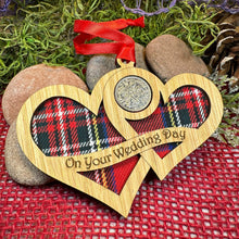 Load image into Gallery viewer, Wedding Gift, Lucky Sixpence, Scotland Gift, Gift for Bride, Tartan Gift, Christmas Ornament, Good Luck Gift, Oak Wood Plaque, Groom Gift