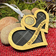 Load image into Gallery viewer, Wedding Gift, Lucky Sixpence, Scotland Gift, Gift for Bride, Tartan Gift, Christmas Ornament, Good Luck Gift, Oak Wood Plaque, Groom Gift