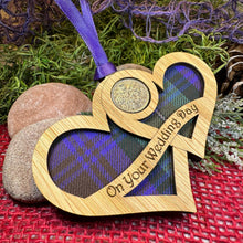 Load image into Gallery viewer, Wedding Gift, Lucky Sixpence, Scotland Gift, Gift for Bride, Tartan Gift, Christmas Ornament, Good Luck Gift, Oak Wood Plaque, Groom Gift