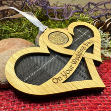 Load image into Gallery viewer, Wedding Gift, Lucky Sixpence, Scotland Gift, Gift for Bride, Tartan Gift, Christmas Ornament, Good Luck Gift, Oak Wood Plaque, Groom Gift