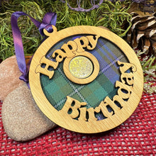 Load image into Gallery viewer, Birthday Gift, Lucky Sixpence, Scotland Gift, Happy Birthday, Tartan Gift, Christmas Ornament, Good Luck Gift, Oak Wood Plaque, Irish Gift