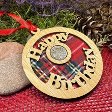 Load image into Gallery viewer, Birthday Gift, Lucky Sixpence, Scotland Gift, Happy Birthday, Tartan Gift, Christmas Ornament, Good Luck Gift, Oak Wood Plaque, Irish Gift