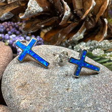 Load image into Gallery viewer, Cross Earrings, Opal Jewelry, Stud Earrings, First Communion Gift, Bridal Post Earrings, Confirmation Gift, Religious Gift, Cross Jewelry