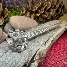Load image into Gallery viewer, Scottish Thistle Kilt Pin, Celtic Brooch, Thistle Jewelry, Groom Gift, Scotland Jewelry, Silver Pin, Celtic Pin, Bagpiper Gift, Tartan Pin