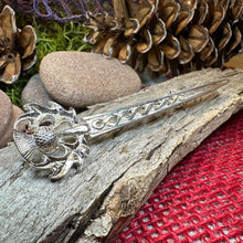 Load image into Gallery viewer, Scottish Thistle Kilt Pin, Celtic Brooch, Thistle Jewelry, Groom Gift, Scotland Jewelry, Silver Pin, Celtic Pin, Bagpiper Gift, Tartan Pin