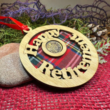 Load image into Gallery viewer, Retirement Gift, Lucky Sixpence, Scotland Gift, Happy Retirement, Tartan Gift, Christmas Ornament, Good Luck Gift, Oak Wood Plaque, Scottish