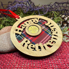 Load image into Gallery viewer, Retirement Gift, Lucky Sixpence, Scotland Gift, Happy Retirement, Tartan Gift, Christmas Ornament, Good Luck Gift, Oak Wood Plaque, Scottish