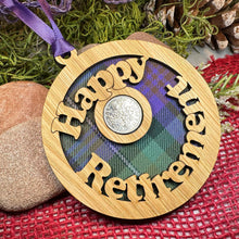 Load image into Gallery viewer, Retirement Gift, Lucky Sixpence, Scotland Gift, Happy Retirement, Tartan Gift, Christmas Ornament, Good Luck Gift, Oak Wood Plaque, Scottish