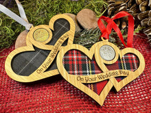Load image into Gallery viewer, Wedding Gift, Lucky Sixpence, Scotland Gift, Gift for Bride, Tartan Gift, Christmas Ornament, Good Luck Gift, Oak Wood Plaque, Groom Gift