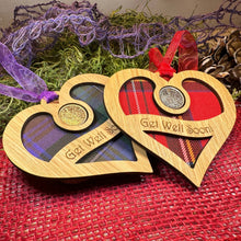 Load image into Gallery viewer, Get Well Gift, Lucky Sixpence, Scotland Gift, Thinking of You, Tartan Gift, Christmas Ornament, Good Luck Gift, Oak Wood Plaque, Recovery