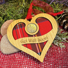 Load image into Gallery viewer, Get Well Gift, Lucky Sixpence, Scotland Gift, Thinking of You, Tartan Gift, Christmas Ornament, Good Luck Gift, Oak Wood Plaque, Recovery