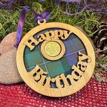 Load image into Gallery viewer, Birthday Gift, Lucky Sixpence, Scotland Gift, Happy Birthday, Tartan Gift, Christmas Ornament, Good Luck Gift, Oak Wood Plaque, Irish Gift