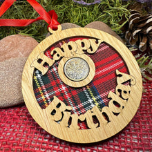 Load image into Gallery viewer, Birthday Gift, Lucky Sixpence, Scotland Gift, Happy Birthday, Tartan Gift, Christmas Ornament, Good Luck Gift, Oak Wood Plaque, Irish Gift
