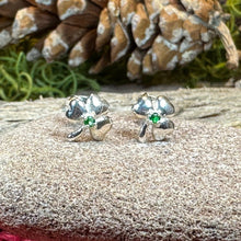 Load image into Gallery viewer, Emerald Shamrock Earrings, Celtic Jewelry, Irish Jewelry, Clover Jewelry, Ireland Gift, Anniversary Gift, Wife Gift, Girlfriend Gift