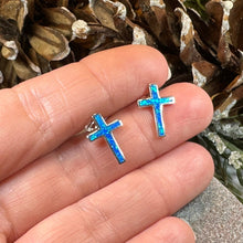 Load image into Gallery viewer, Cross Earrings, Opal Jewelry, Stud Earrings, First Communion Gift, Bridal Post Earrings, Confirmation Gift, Religious Gift, Cross Jewelry