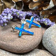 Load image into Gallery viewer, Cross Earrings, Opal Jewelry, Stud Earrings, First Communion Gift, Bridal Post Earrings, Confirmation Gift, Religious Gift, Cross Jewelry