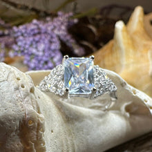 Load image into Gallery viewer, Celtic Engagement Ring, Diamond Promise Ring, Scotland Ring, Princess Cut Ring, Celtic Knot Jewelry, Anniversary Gift, Ladies Cocktail Ring