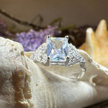 Load image into Gallery viewer, Celtic Engagement Ring, Diamond Promise Ring, Scotland Ring, Princess Cut Ring, Celtic Knot Jewelry, Anniversary Gift, Ladies Cocktail Ring