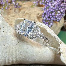 Load image into Gallery viewer, Celtic Engagement Ring, Diamond Promise Ring, Scotland Ring, Princess Cut Ring, Celtic Knot Jewelry, Anniversary Gift, Ladies Cocktail Ring
